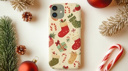 Wall Mural - A festive phone case with a Christmas pattern of stockings filled with gifts, candy canes, and ornaments on a soft beige background.