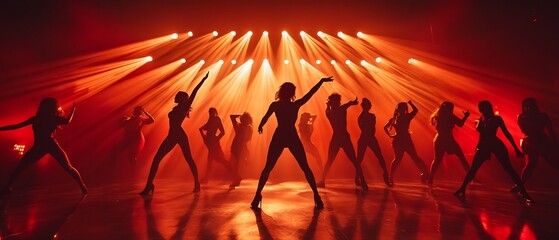Poster - Highlighted performers on a stage under synchronized lighting their silhouettes and movements accentuated by the dramatic glow creating an energetic and performance