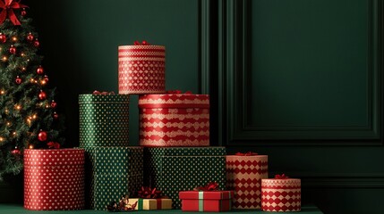 Wall Mural - A festive scene with a stack of Christmas gift boxes in various shapes and sizes, decorated in red, green, and gold patterns