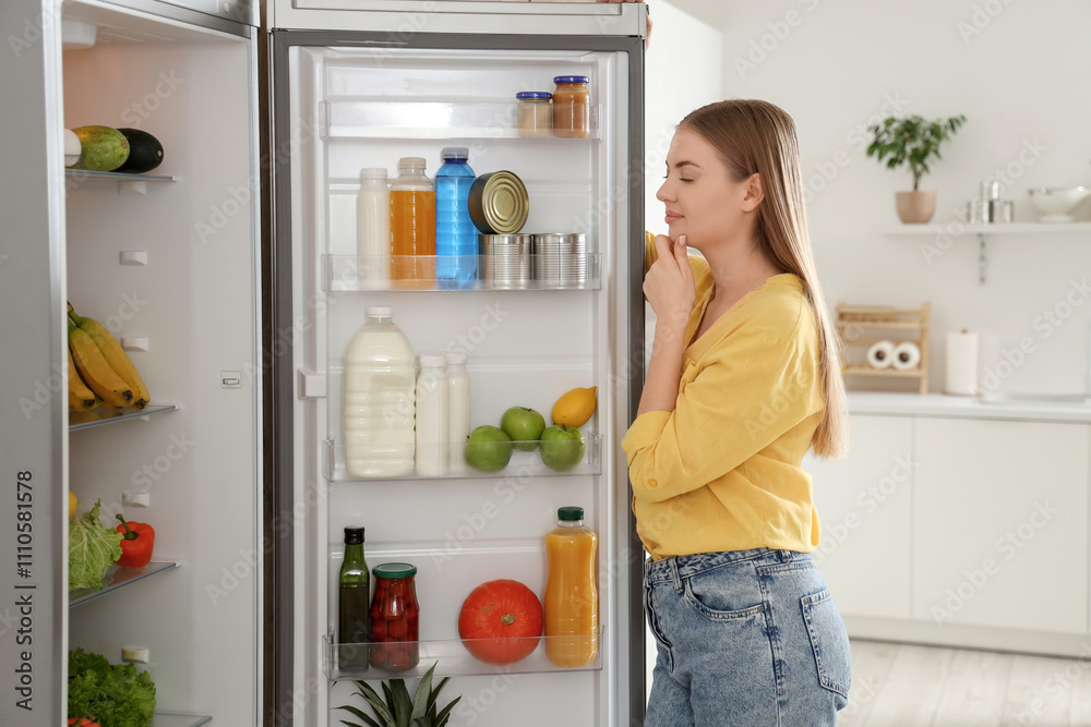 Thoughtful young woman near open fridge in kitchen