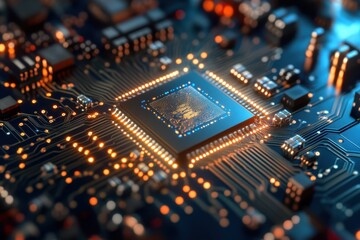 Poster - Close-up view of a microchip surrounded by electronic components and glowing lights
