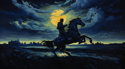 cowboy on horseback in a dark desert on a blue sky. Generative AI