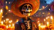 © Loki Stock - Skeleton mariachi in colorful attire surrounded by glowing candles and marigolds for Dia de los Muertos celebration