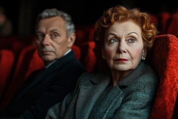 Couple watching a classic film in an old theater with red velvet seats during a quiet evening