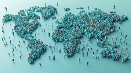 vibrant world map shaped by a diverse crowd of people standing together, symbolizing global unity, diversity, teamwork, interconnectedness, and the power of community