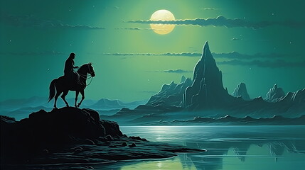 cowboy on horseback in a dark desert on a blue sky. Generative AI