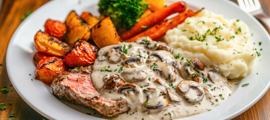 Wall Mural - Grilled steak with mushroom sauce, mashed potatoes and roasted vegetables