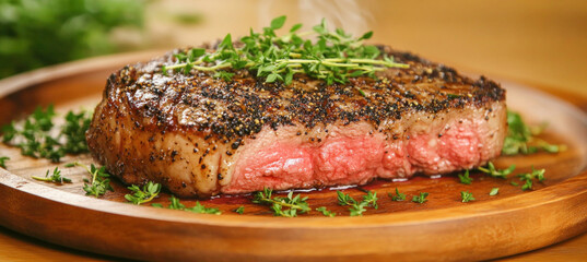 Wall Mural - Grilled medium rare new york strip loin steak with herbs and spices