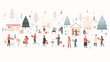 © Thamrong - A joyful vector illustration of a snowy Christmas market, featuring simple booths adorned with minimalist holiday decorations. Shoppers in warm clothing navigate the festive scene, holding gift bags