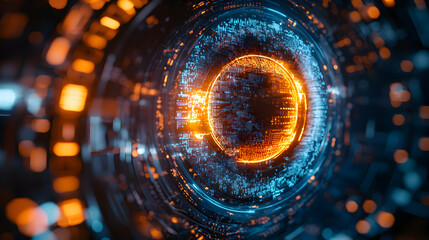 Poster - abstract digital orb glowing with orange and blue light