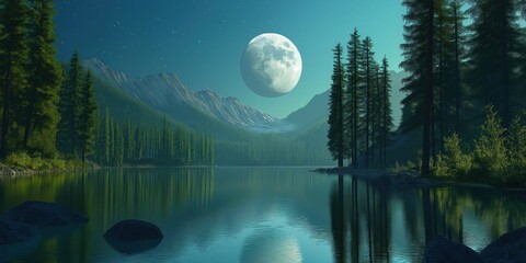 Wall Mural - Large moon is reflected in the calm waters of a lake