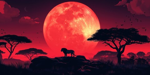 Wall Mural - Lion is standing in front of a large red moon