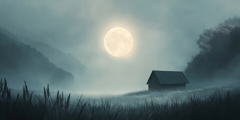 Wall Mural - Large moon is shining in the sky above a small cabin in the woods