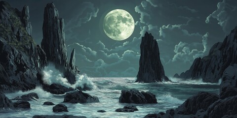 Wall Mural - Scene is serene and peaceful, with the moon reflecting on the water