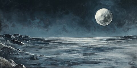 Wall Mural - Large moon is reflected in the calm ocean waters