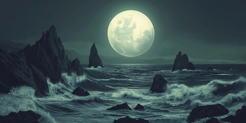 Wall Mural - Large moon is reflected in the water of the ocean