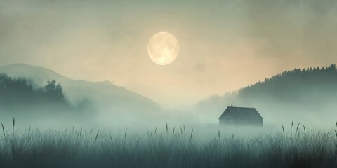 Wall Mural - Large moon is in the sky above a small house in the middle of a field