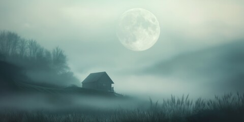 Wall Mural - Small cabin is in the middle of a foggy field