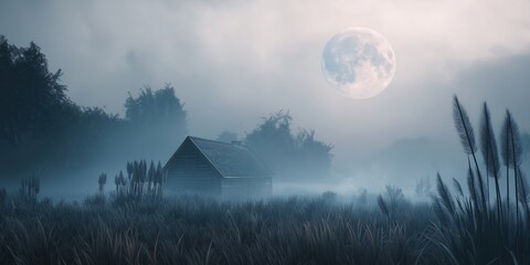 Wall Mural - Small cabin is in the middle of a field with a large moon in the sky
