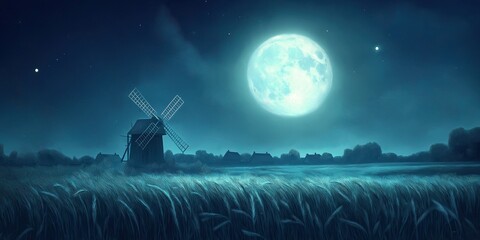 Wall Mural - Windmill is in the foreground of a field of grass