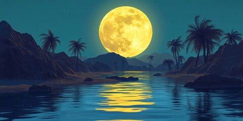 Wall Mural - Large yellow moon is reflected in the water of a river