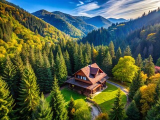 Wall Mural - Aerial View of a Charming Mountain Cottage Surrounded by Lush Green Forest in the Heart of Nature's Paradise, Perfect for Outdoor Enthusiasts and Peace Seekers