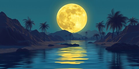 Wall Mural - Large yellow moon is reflected in the water of a river