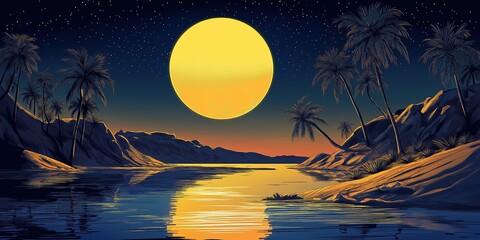 Wall Mural - Beautiful image of a large yellow moon reflecting on the water