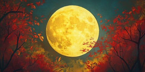 Wall Mural - Yellow moon is in the sky above a forest of trees with red leaves