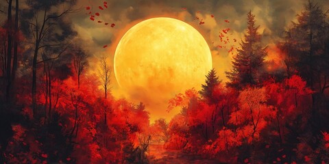 Wall Mural - Large yellow moon is in the sky above a forest