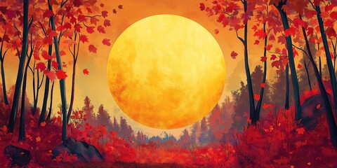 Wall Mural - Painting of a large yellow moon in a forest with red leaves