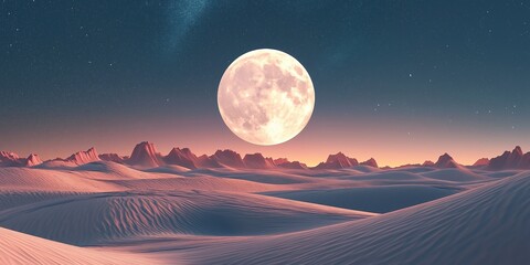 Wall Mural - Large, bright moon is in the sky above a desert landscape