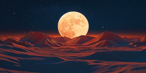 Wall Mural - Large red moon is in the sky above a desert landscape