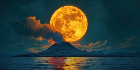 Wall Mural - Large orange moon is reflected in the water
