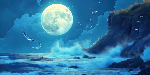 Wall Mural - Large moon is reflected in the water, and the sky is cloudy