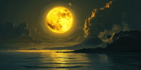 Wall Mural - Large yellow moon is in the sky above a body of water
