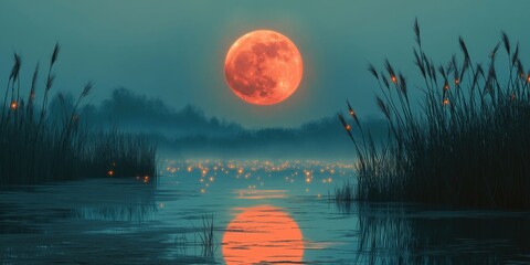 Wall Mural - Large red moon is in the sky above a body of water