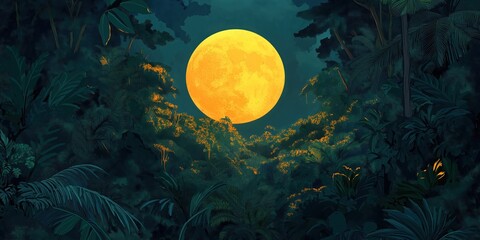 Wall Mural - Large yellow moon is in the sky above a lush green jungle