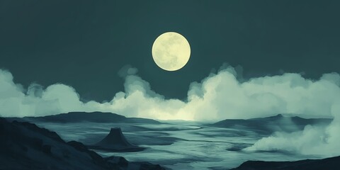 Wall Mural - Large moon is in the sky above a rocky, desolate landscape