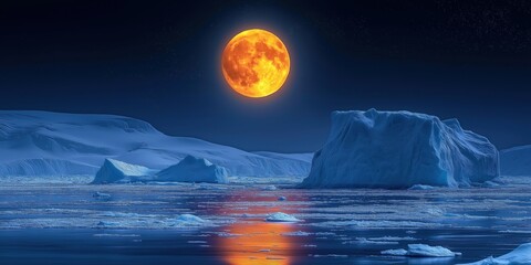 Wall Mural - Large orange moon is in the sky above a frozen ocean