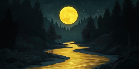 Wall Mural - River with a yellow moon in the sky