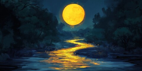 Wall Mural - Moon is reflected in the water of a river