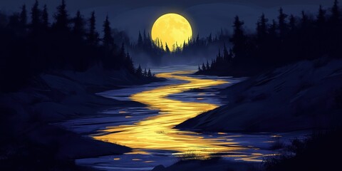 Wall Mural - River with a yellow moon reflecting on the water