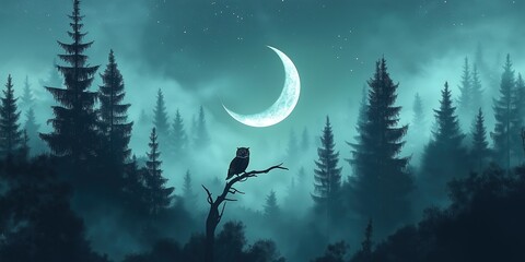 Wall Mural - Large owl is perched on a branch in a forest