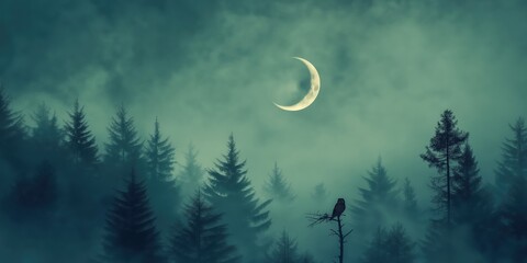 Wall Mural - Dark forest with a full moon in the sky