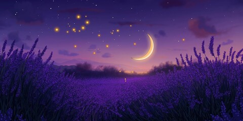 Wall Mural - Field of lavender with a crescent moon in the sky