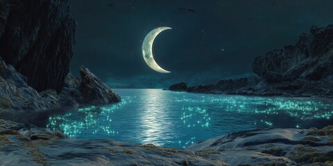Wall Mural - Large moon is reflected in the water of a lake
