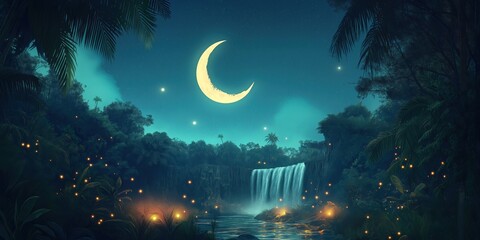 Wall Mural - The moon is surrounded by stars and the forest is illuminated by the moonlight