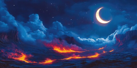 Wall Mural - Night sky with a large crescent moon and a fire in the distance