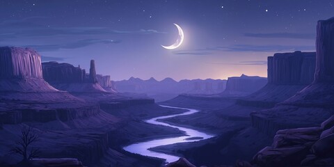 Wall Mural - Computer generated image of a river with a large moon in the sky